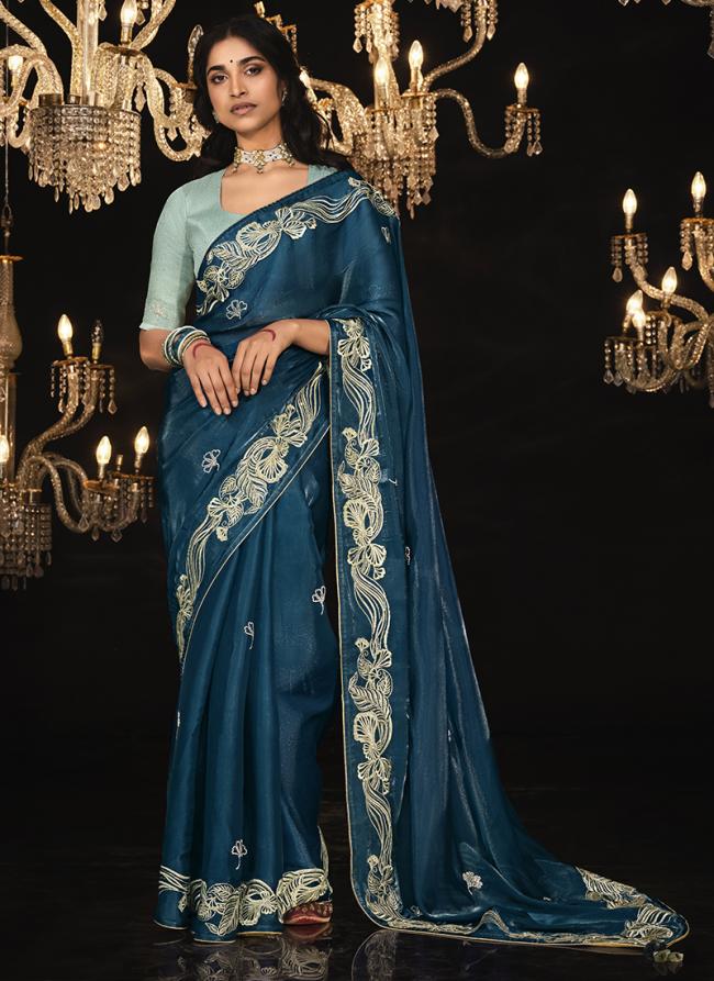Glass Tissue Royal Blue Party Wear Embroidery Work Saree